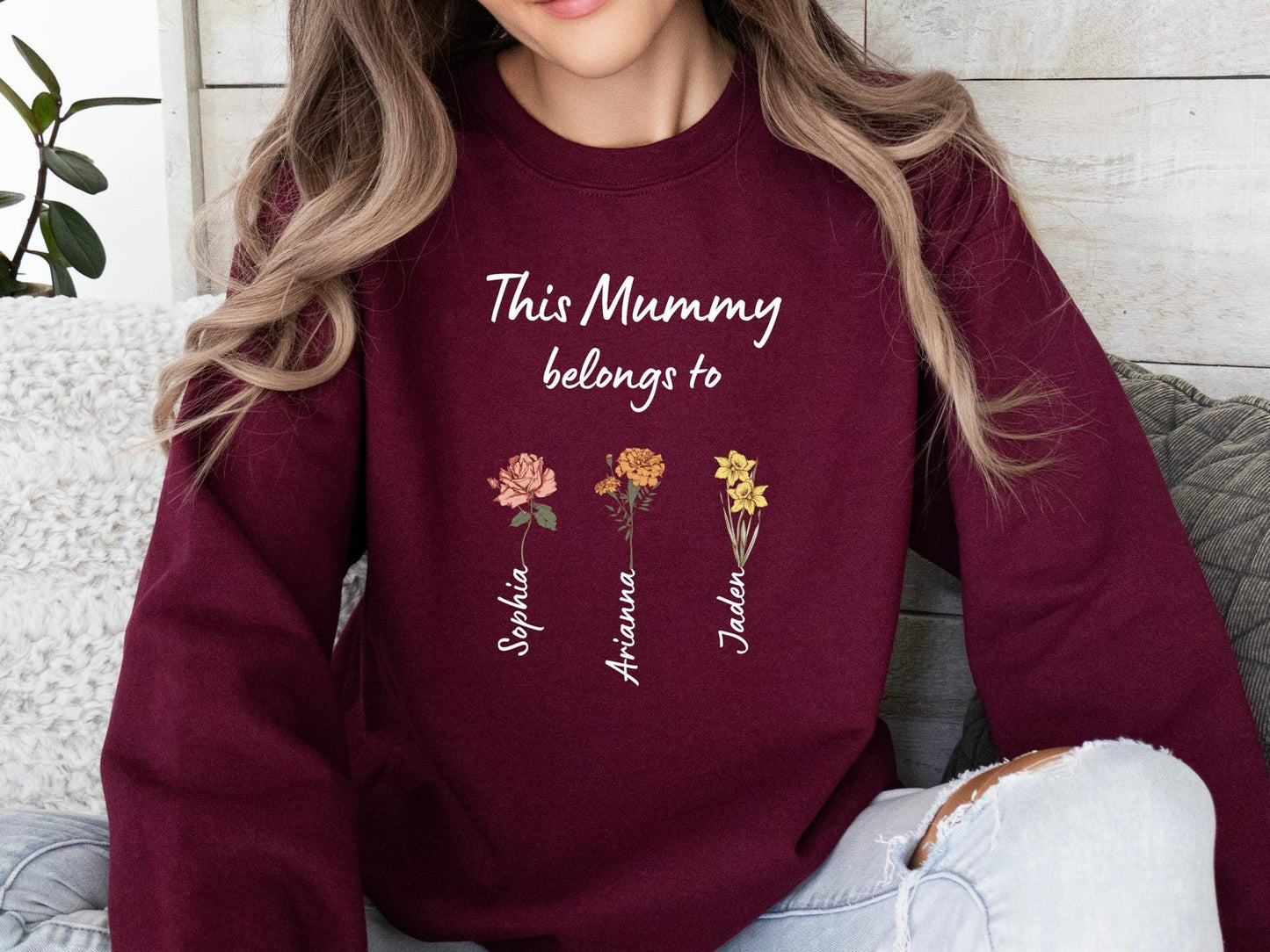 Custom Mom Sweatshirt – Birth Flower Names of Kids Printed