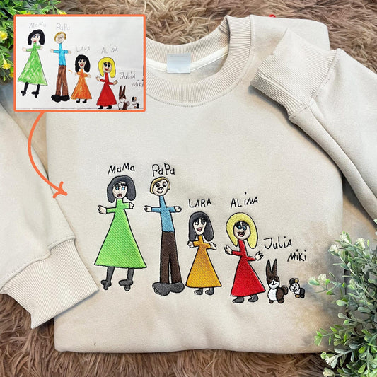 Custom Embroidered Family Portrait Sweatshirt - Personalized Kids' Drawing to Wearable Gift for Mom, Dad, Grandma - Outline Crewneck Hoodie