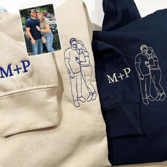 Embroidered Couple Portrait Hoodie, Customized Sweatshirt from Photo, Thoughtful Personalized Gift