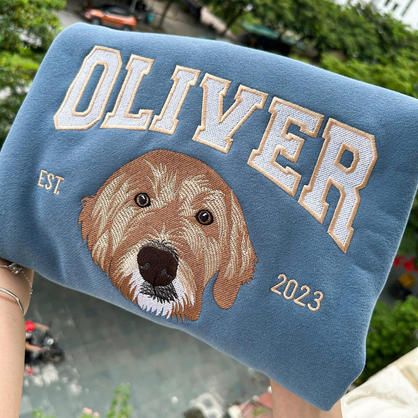Personalized sweatshirt with embroidery of your pet's portrait, embroidered dog college crewneck in comfortable colors, personalized hoodie with embroidery of your dog's face from photo