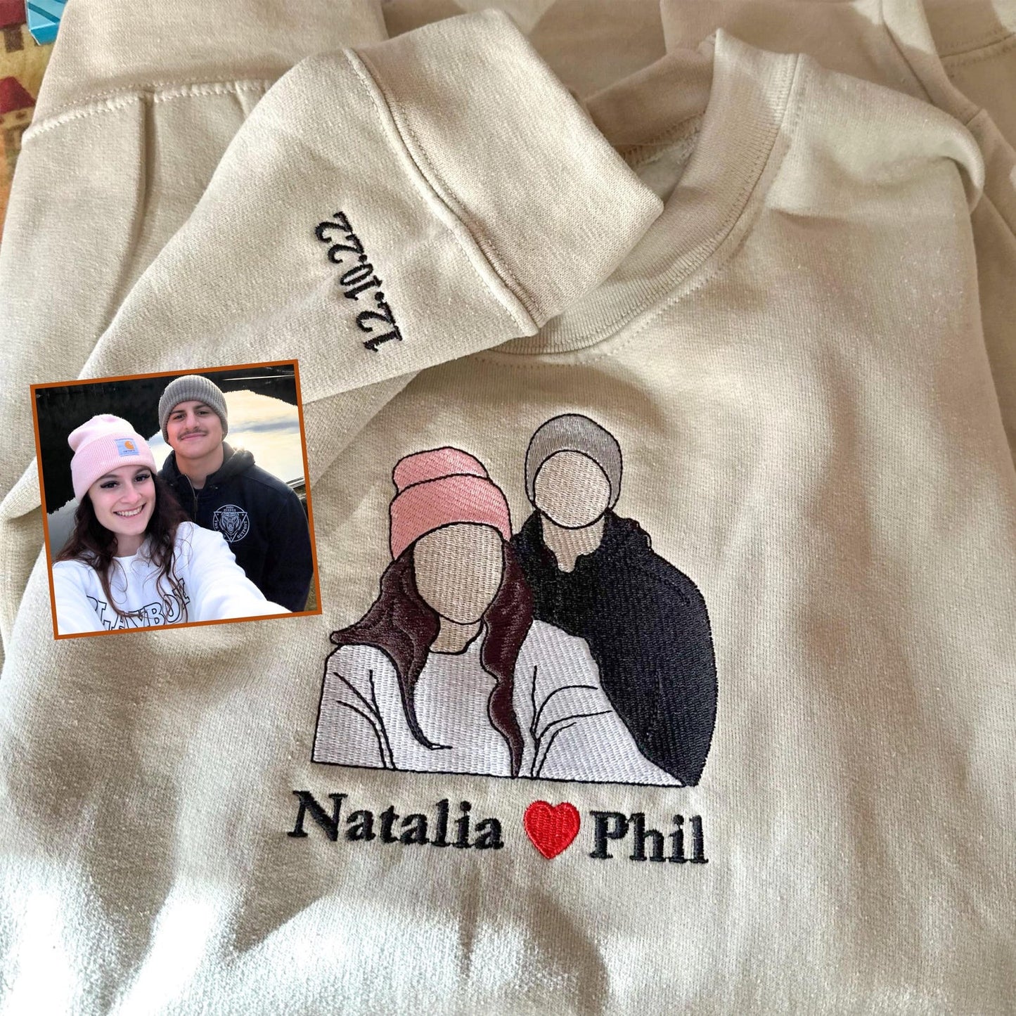 Custom Embroidered Sweatshirt from Your Photo, Personalized Couple Portrait Hoodie for Him & Her