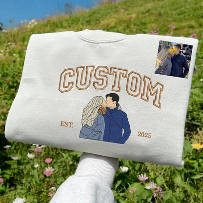 Custom Embroidered Portrait Hoodie - Personalized Couple Photo Sweatshirt, Unique Matching Gift