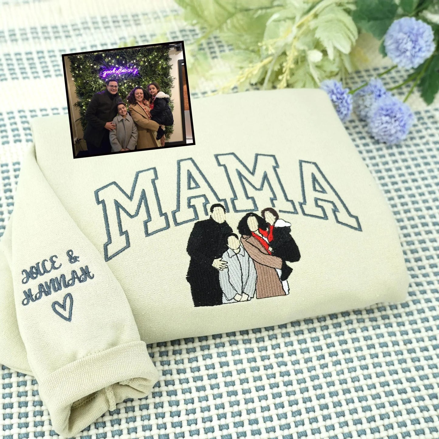 Mother's Day Gift for Mom – Custom Embroidered Sweatshirt with Kids' Portraits or Names