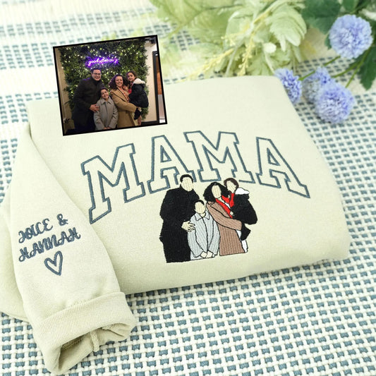 Mother's Day Gift for Mom – Custom Embroidered Sweatshirt with Kids' Portraits or Names