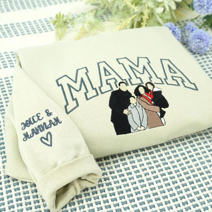 Mother's Day Gift for Mom – Custom Embroidered Sweatshirt with Kids' Portraits or Names
